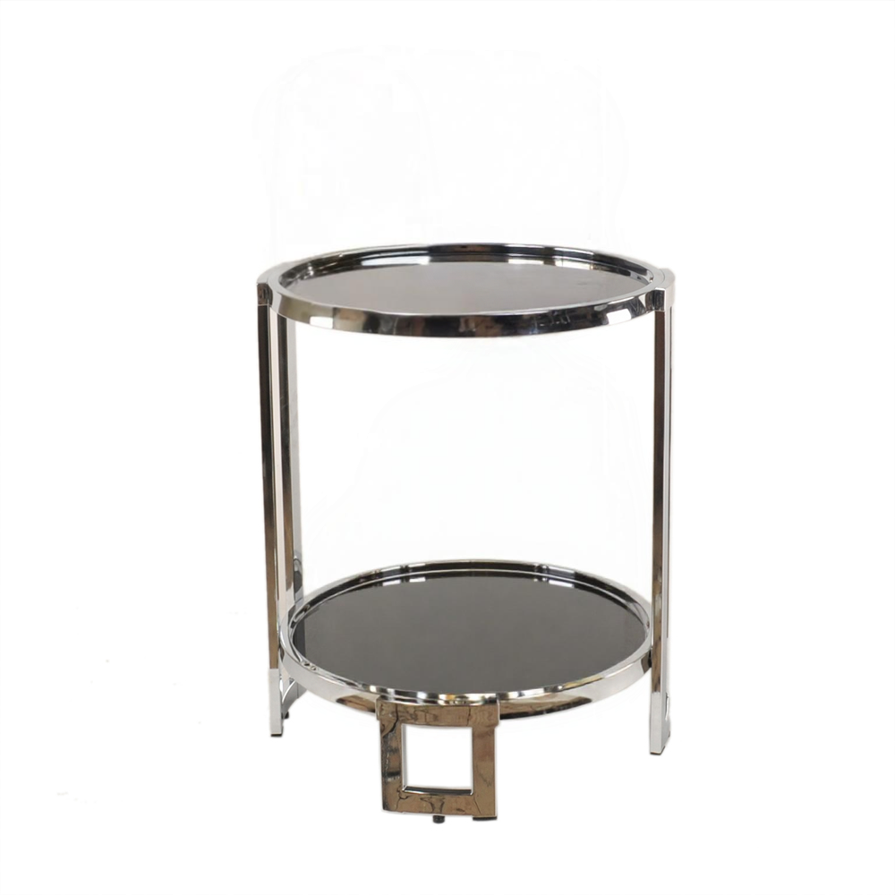 22" Silver Glass Round Mirrored End Table With Shelf-End-Side Tables-DECOROLALA