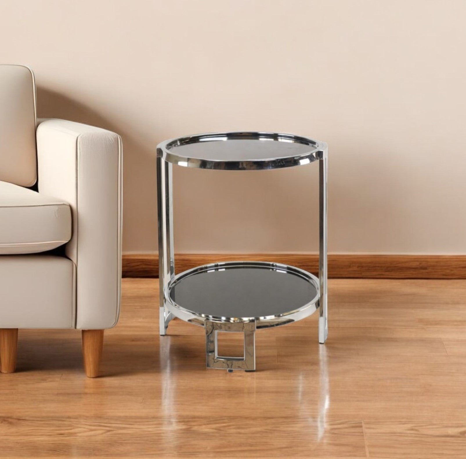 22" Silver Glass Round Mirrored End Table With Shelf-End-Side Tables-DECOROLALA