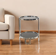 22" Silver Glass Round Mirrored End Table With Shelf-End-Side Tables-DECOROLALA