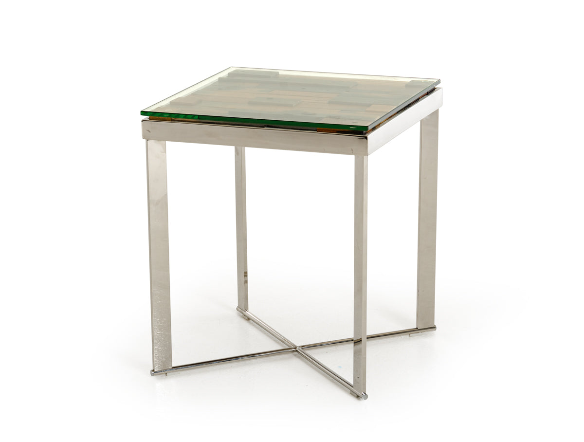 22" Silver and Brown Reclaimed Wood Glass and Steel Square End Table-End-Side Tables-DECOROLALA