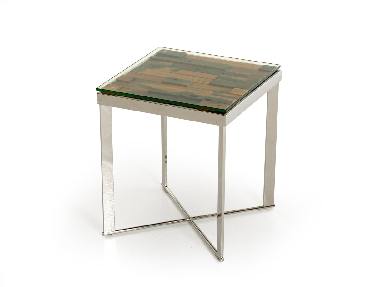 22" Silver and Brown Reclaimed Wood Glass and Steel Square End Table-End-Side Tables-DECOROLALA
