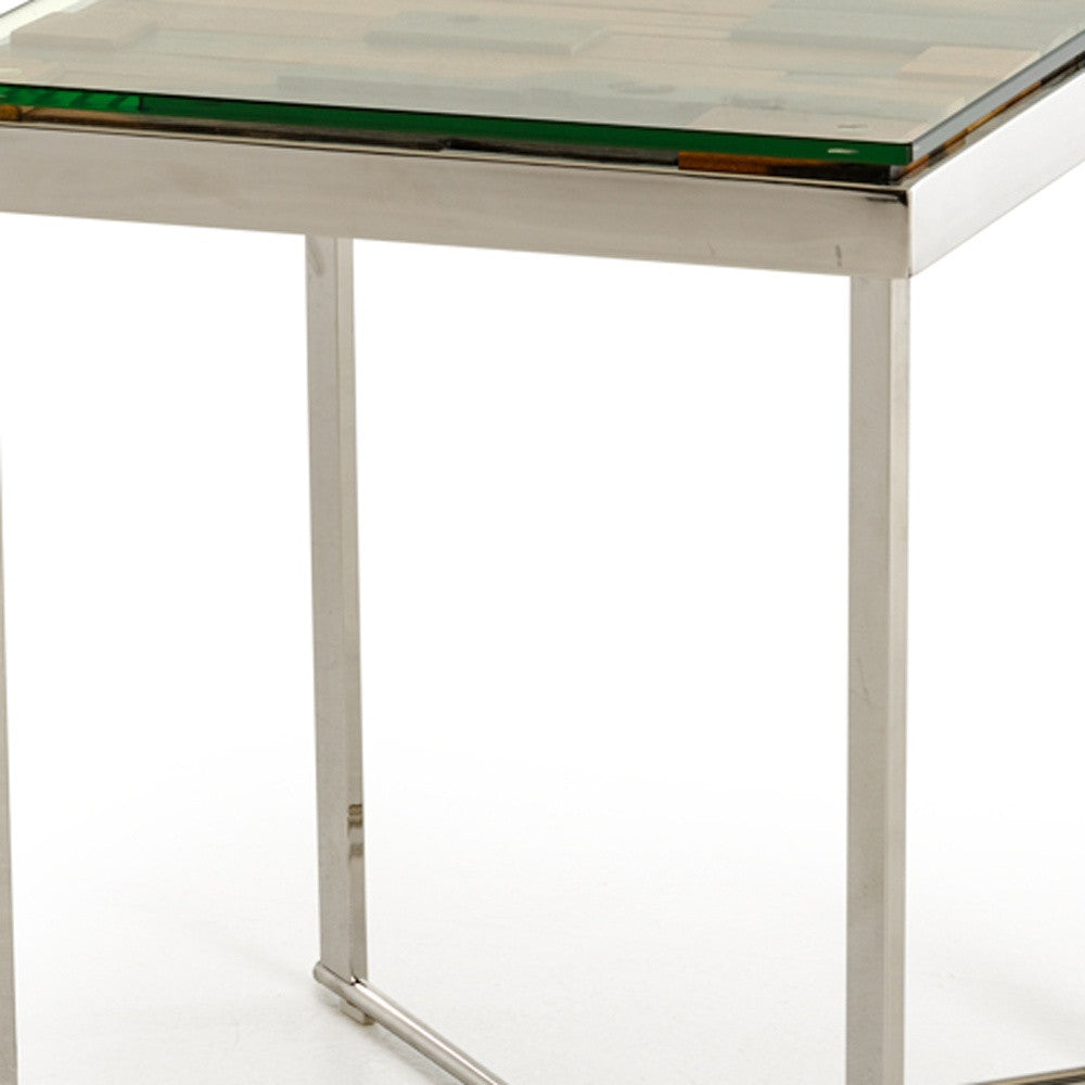 22" Silver and Brown Reclaimed Wood Glass and Steel Square End Table-End-Side Tables-DECOROLALA