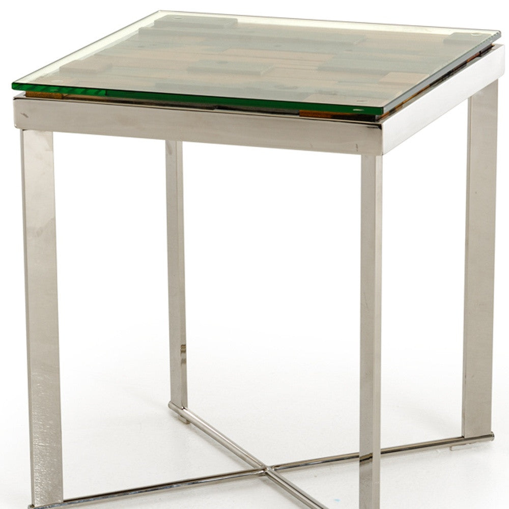22" Silver and Brown Reclaimed Wood Glass and Steel Square End Table-End-Side Tables-DECOROLALA