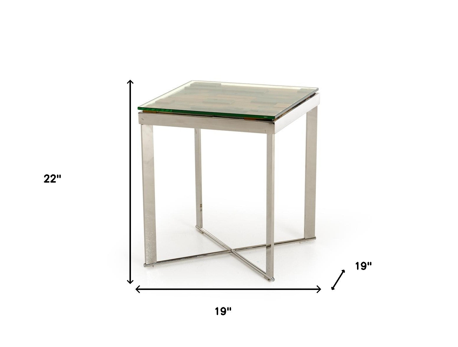 22" Silver and Brown Reclaimed Wood Glass and Steel Square End Table-End-Side Tables-DECOROLALA