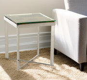 22" Silver and Brown Reclaimed Wood Glass and Steel Square End Table-End-Side Tables-DECOROLALA