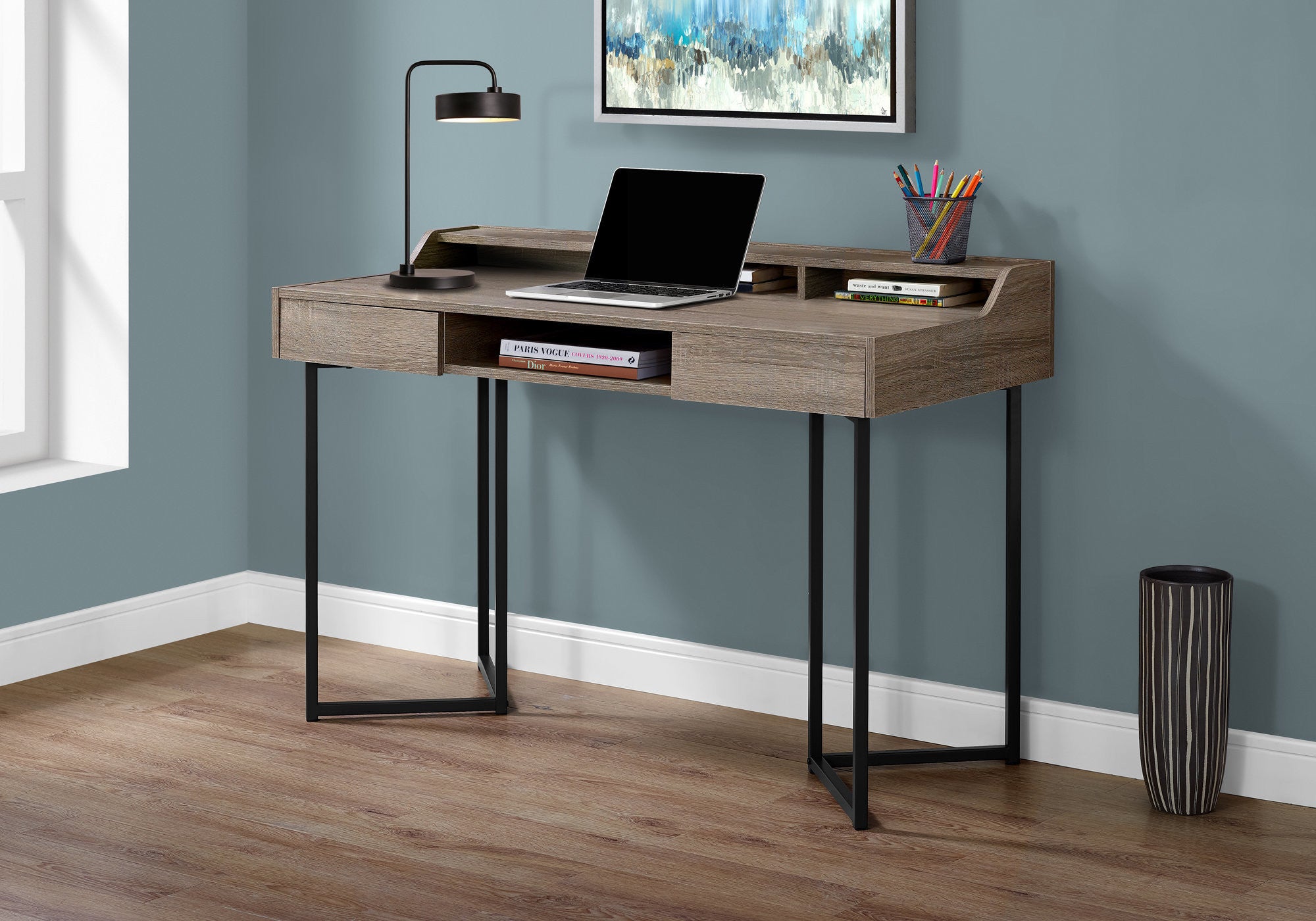 22" Taupe and Black Writing Desk With Two Drawers-Desks-DECOROLALA