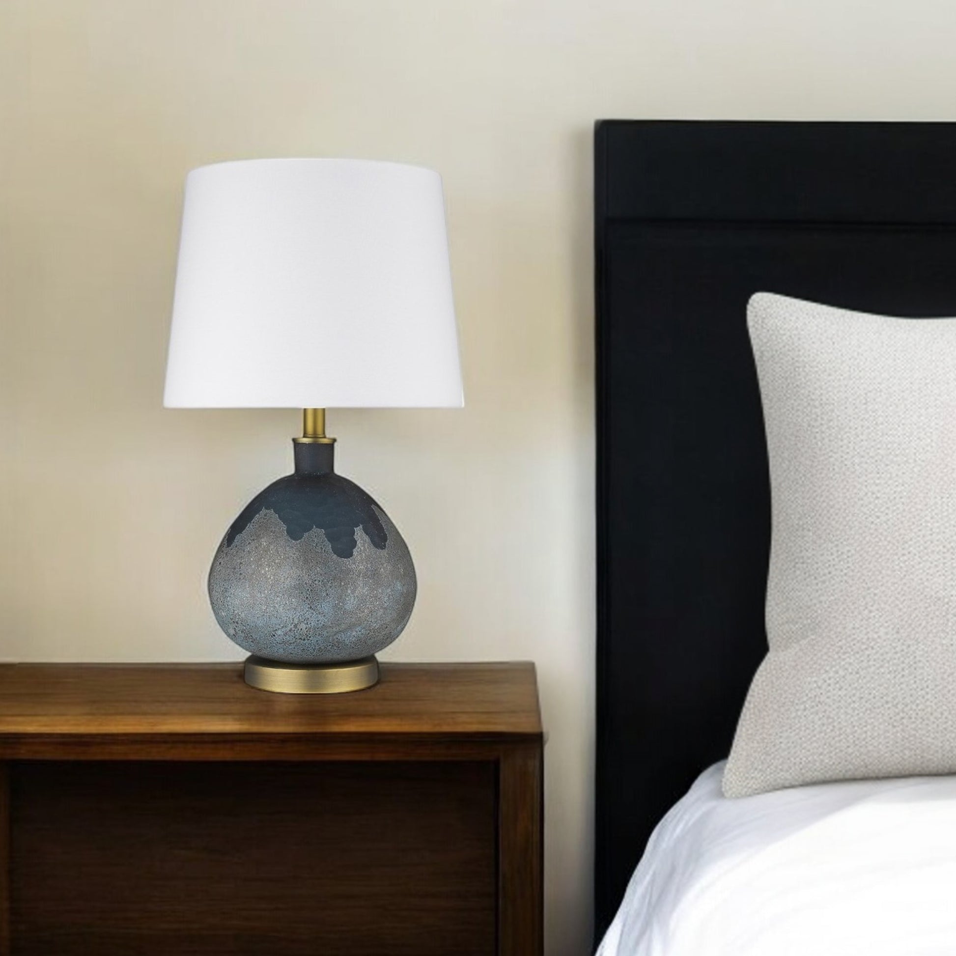 22" Teal Blue Concrete Gourd Table Lamp With Cream Empire Shade-Table Lamps-DECOROLALA