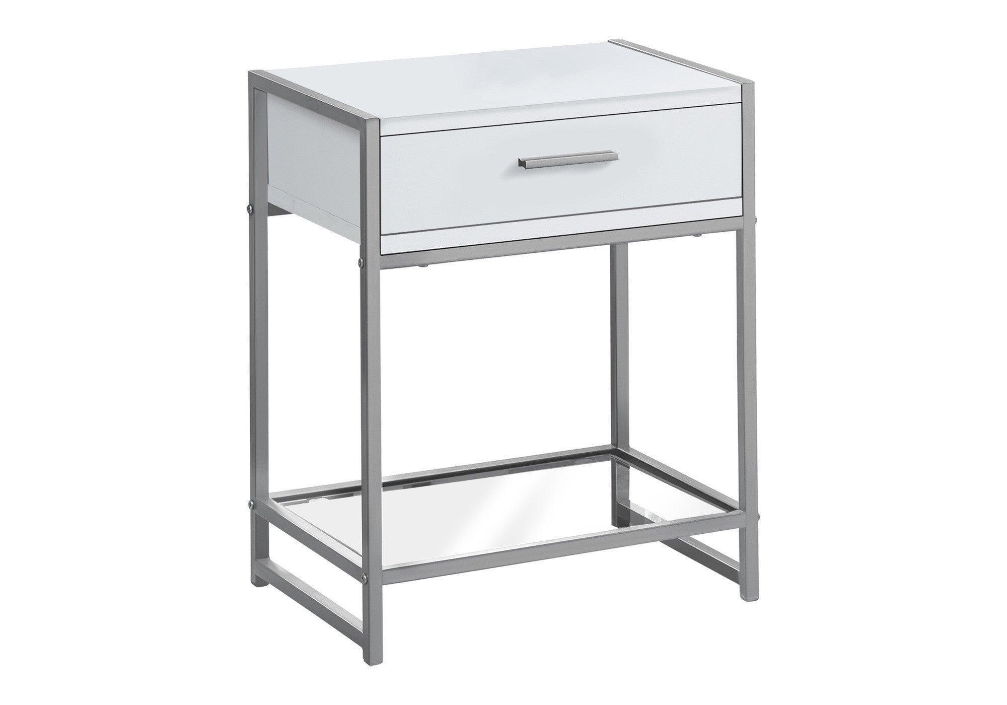 22" White Glass And Metal End Table With Drawer And Shelf-End-Side Tables-DECOROLALA
