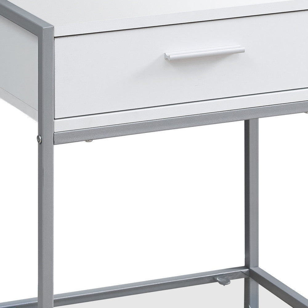 22" White Glass And Metal End Table With Drawer And Shelf-End-Side Tables-DECOROLALA