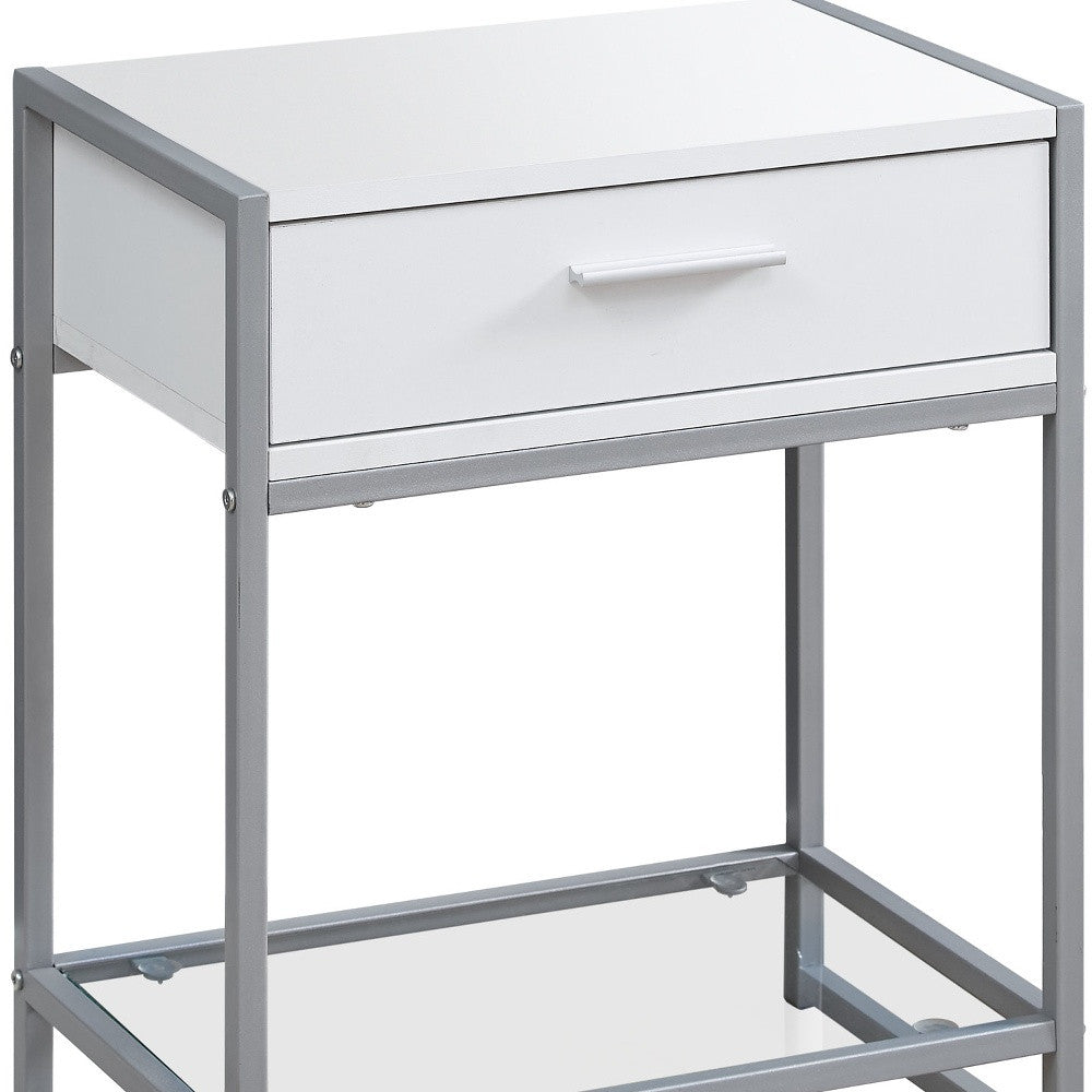 22" White Glass And Metal End Table With Drawer And Shelf-End-Side Tables-DECOROLALA