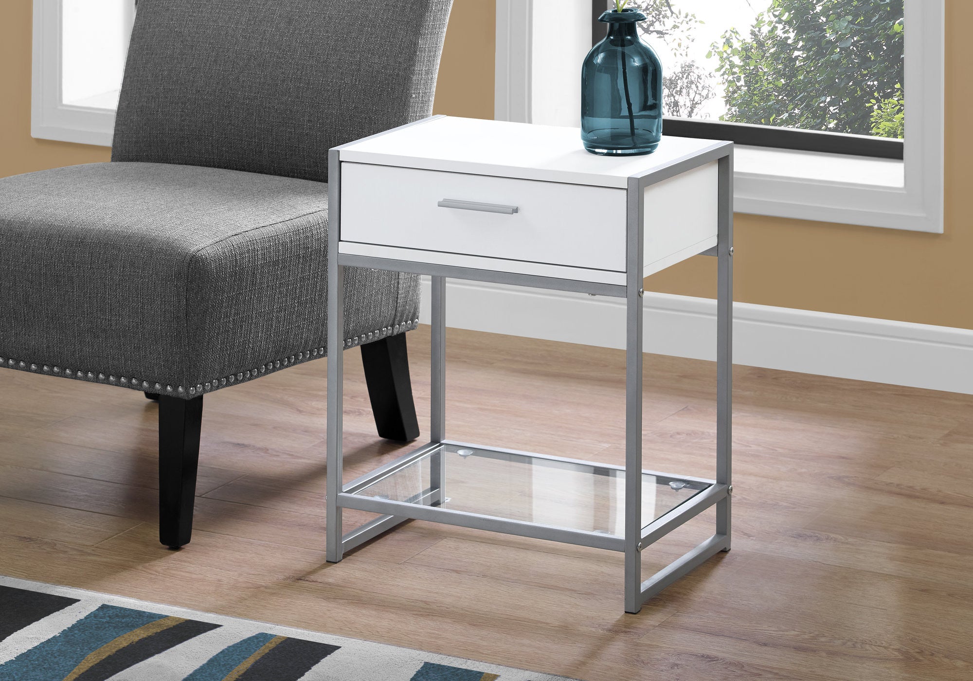 22" White Glass And Metal End Table With Drawer And Shelf-End-Side Tables-DECOROLALA