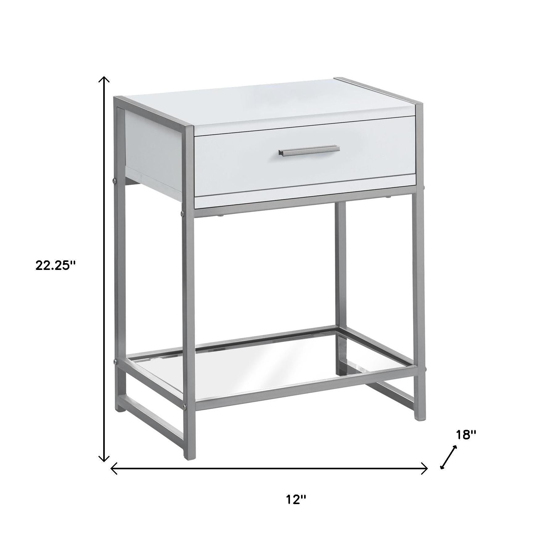 22" White Glass And Metal End Table With Drawer And Shelf-End-Side Tables-DECOROLALA