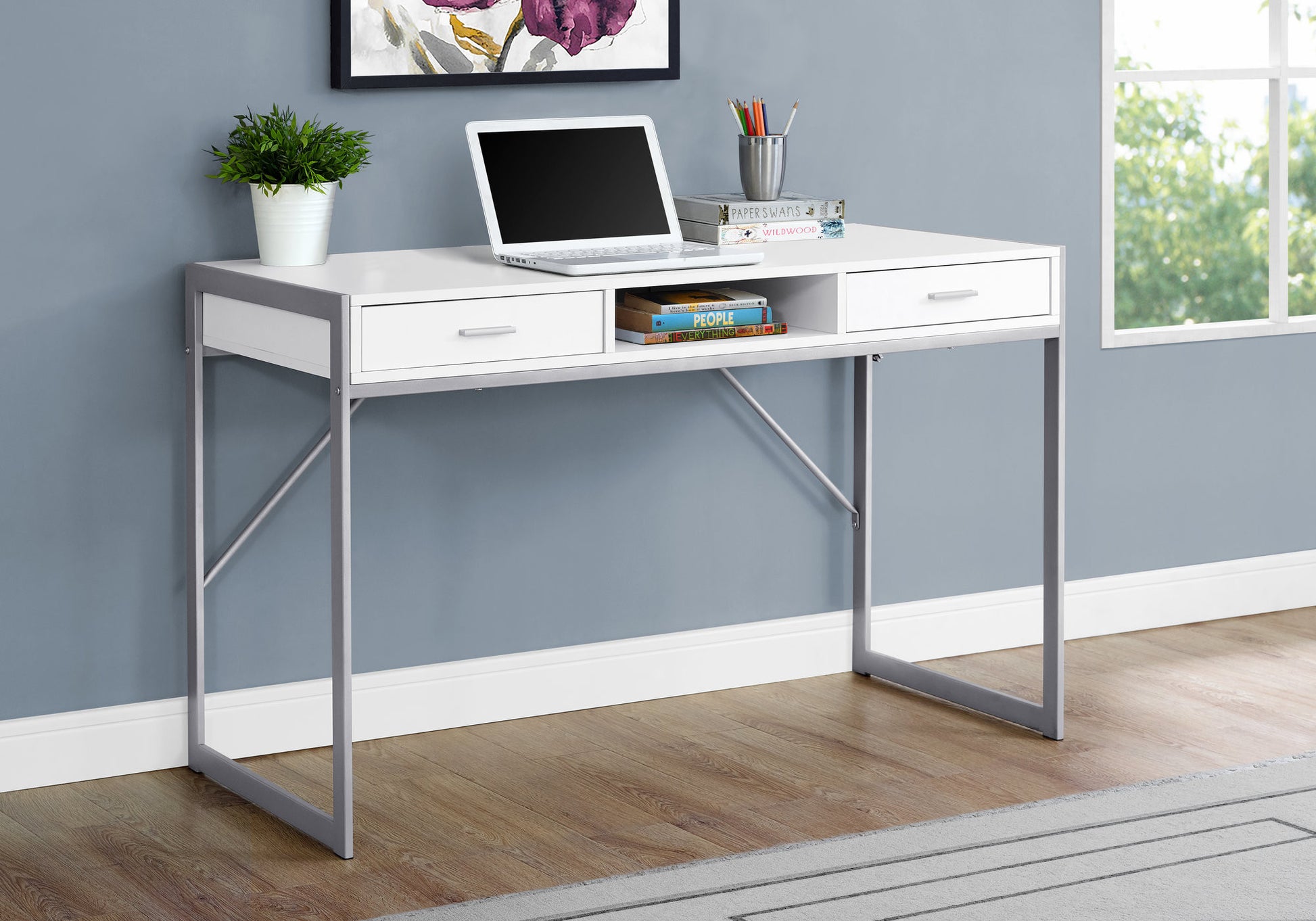 22" White and Silver Computer Desk With Two Drawers-Desks-DECOROLALA