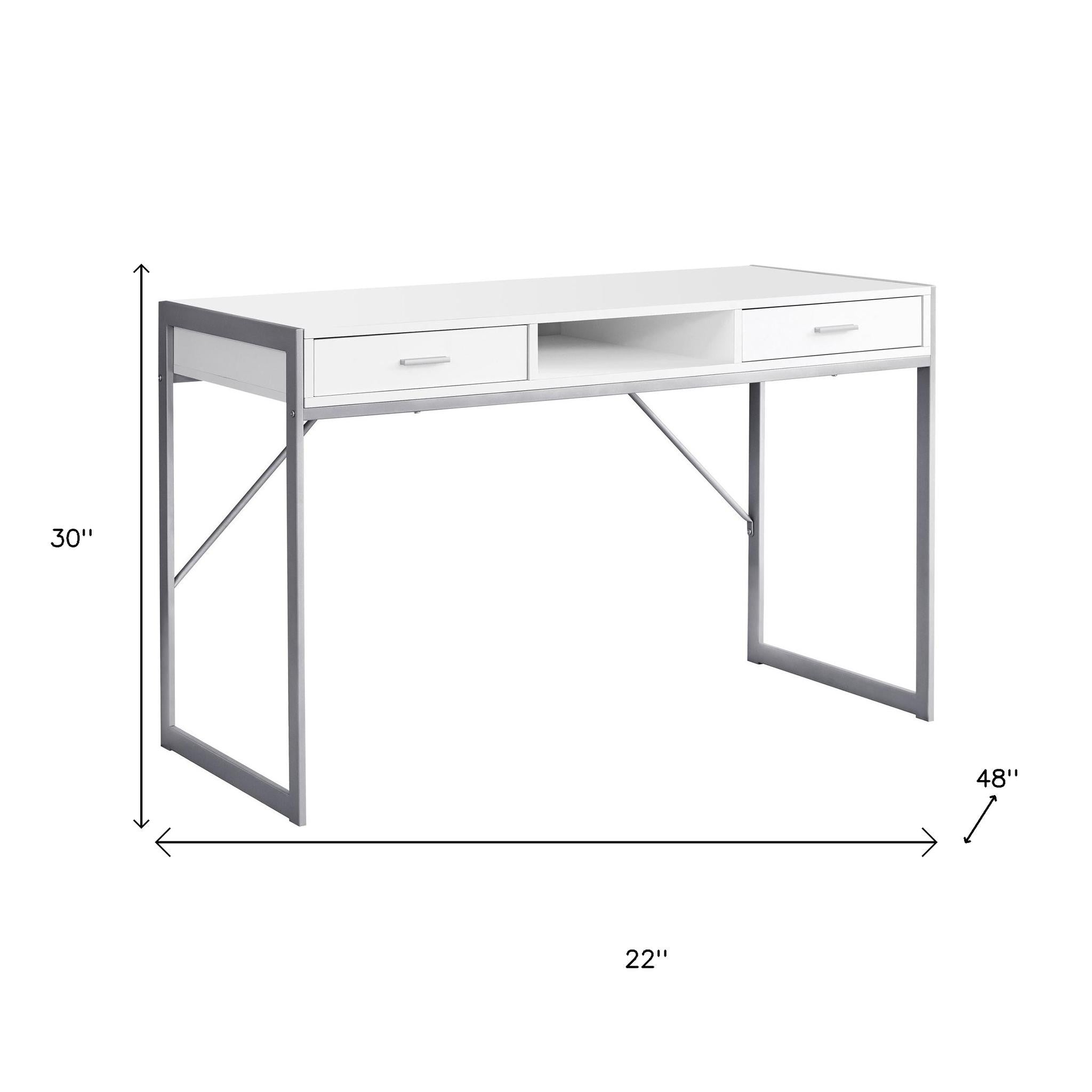 22" White and Silver Computer Desk With Two Drawers-Desks-DECOROLALA