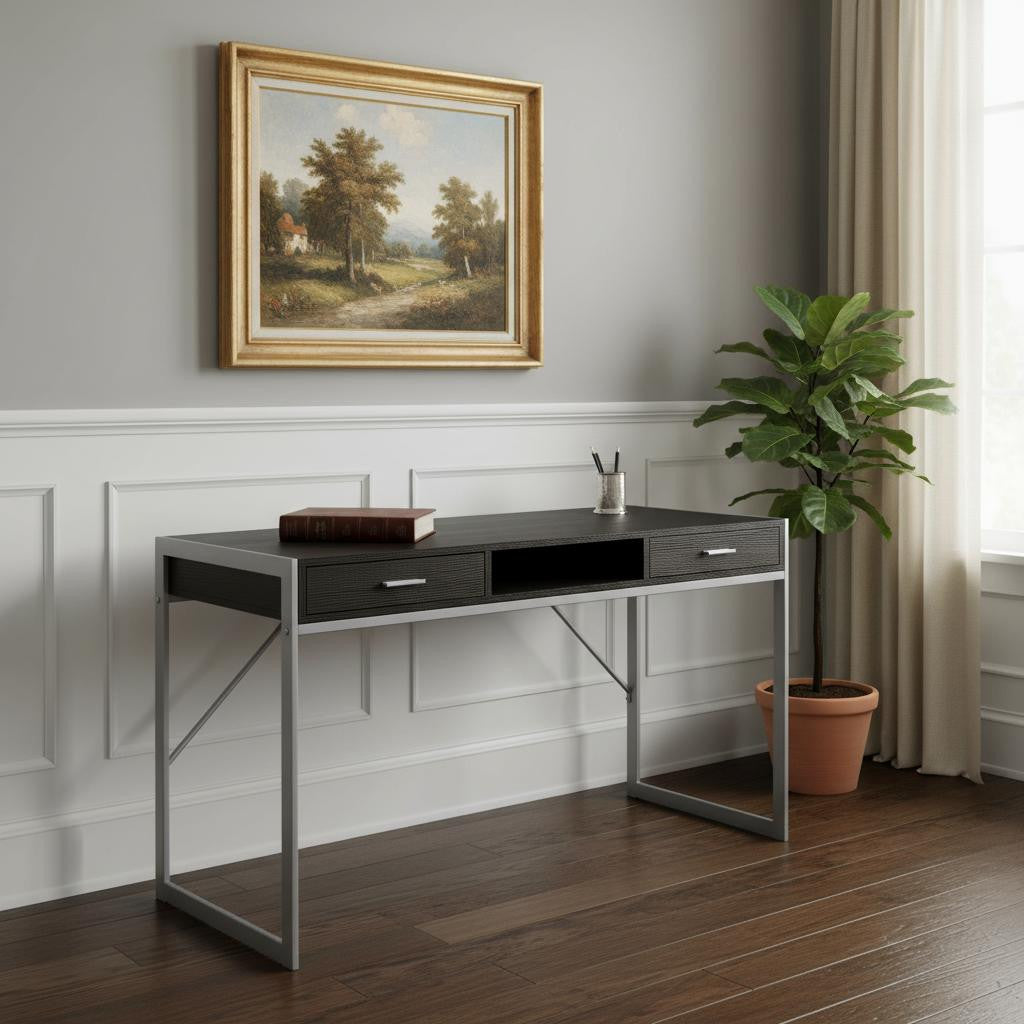 22" White and Silver Computer Desk With Two Drawers-Desks-DECOROLALA