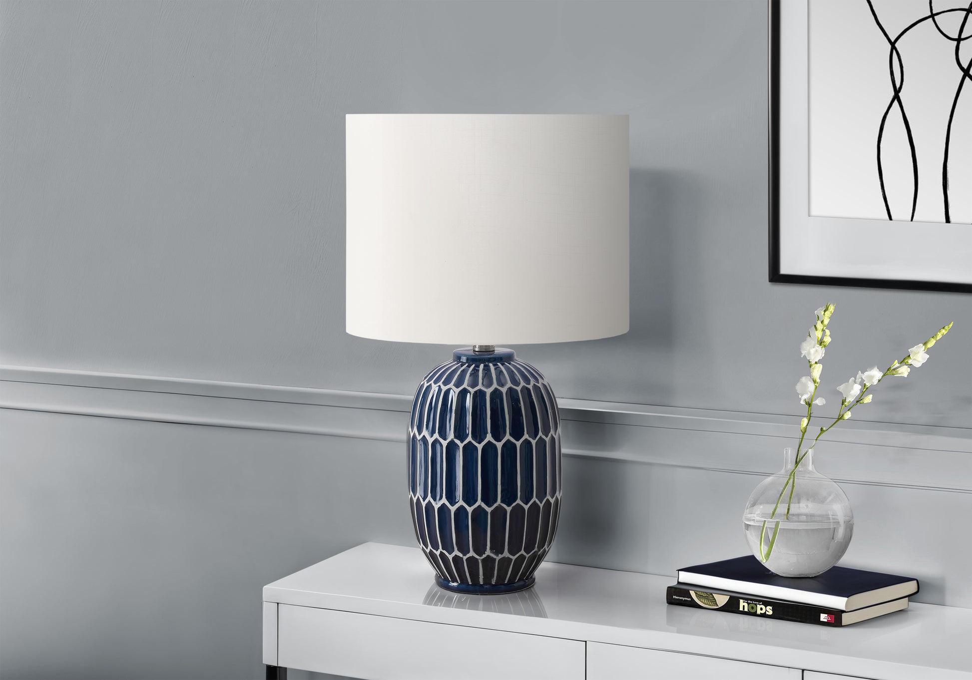 22"H Blue Ceramic Table Lamp with Ivory Shade-Lighting-DECOROLALA