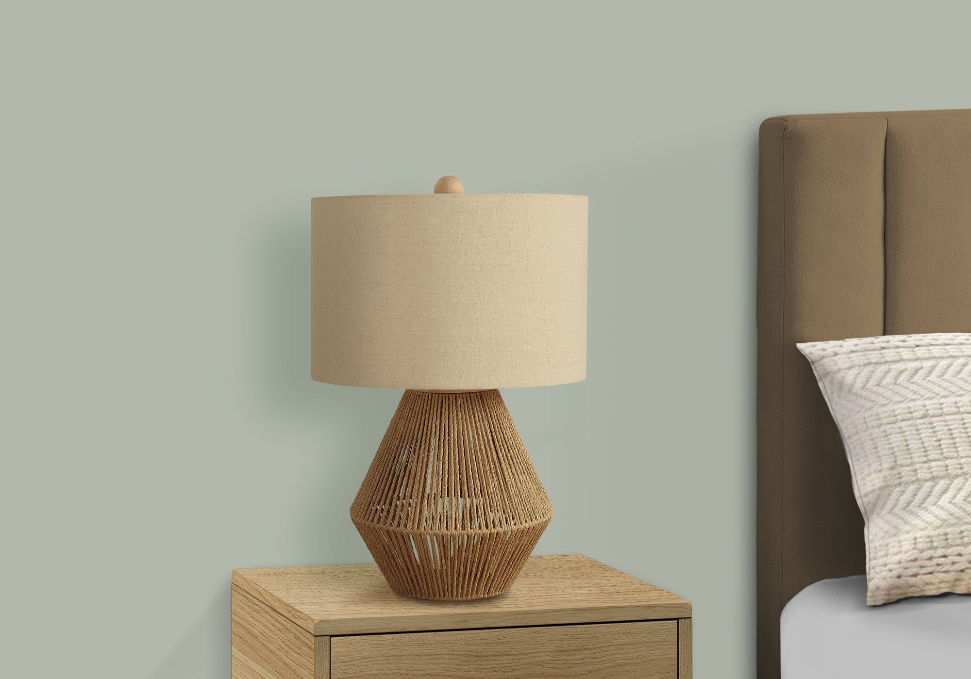 22"H Boho Table Lamp Brown Rope Beige Shade-Lighting-DECOROLALA