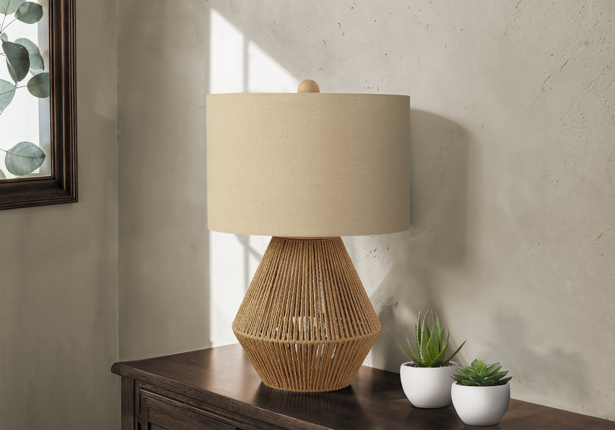 22"H Boho Table Lamp Brown Rope Beige Shade-Lighting-DECOROLALA