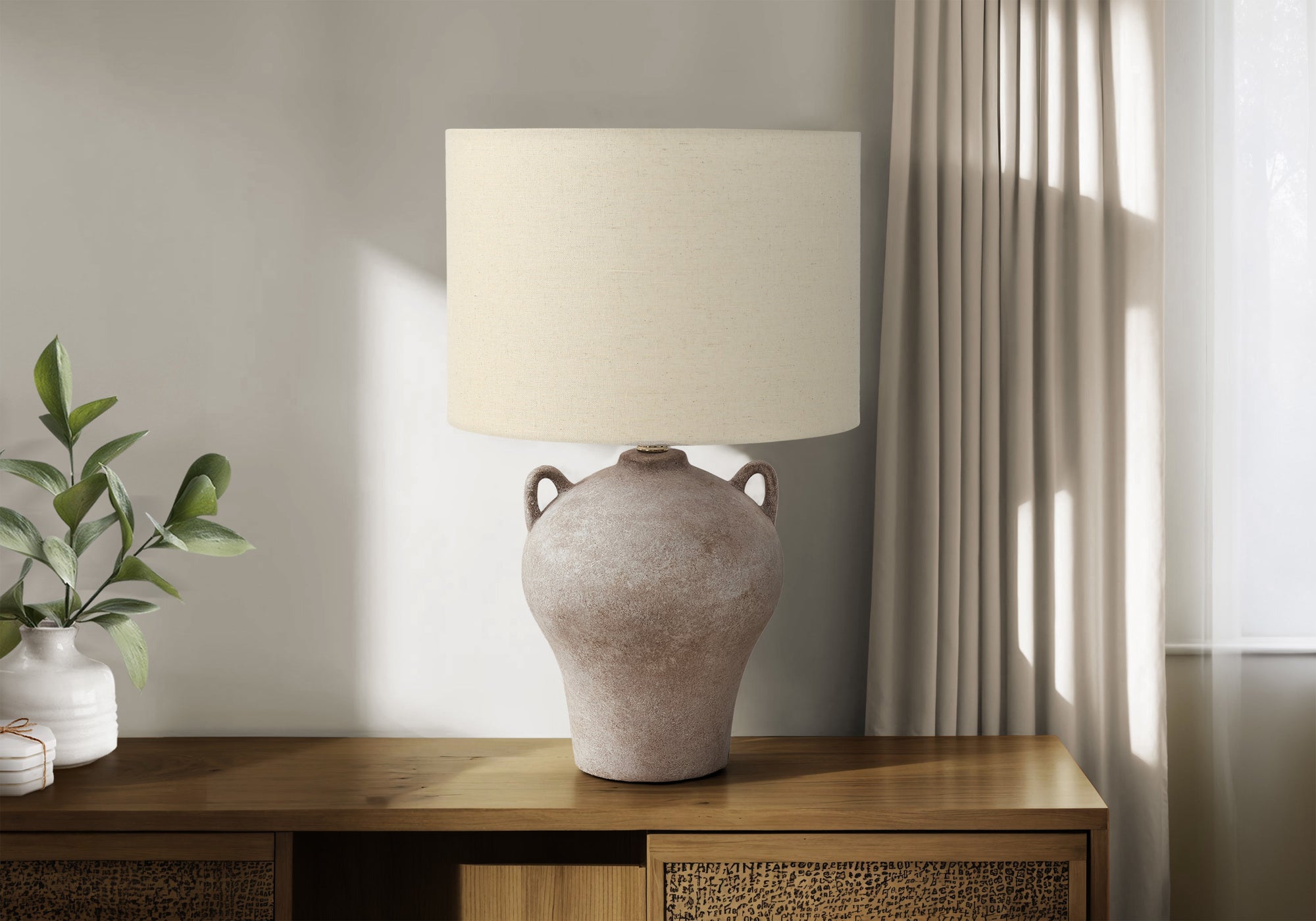 22"H Brown Ceramic Table Lamp with Beige Shade-Lighting-DECOROLALA