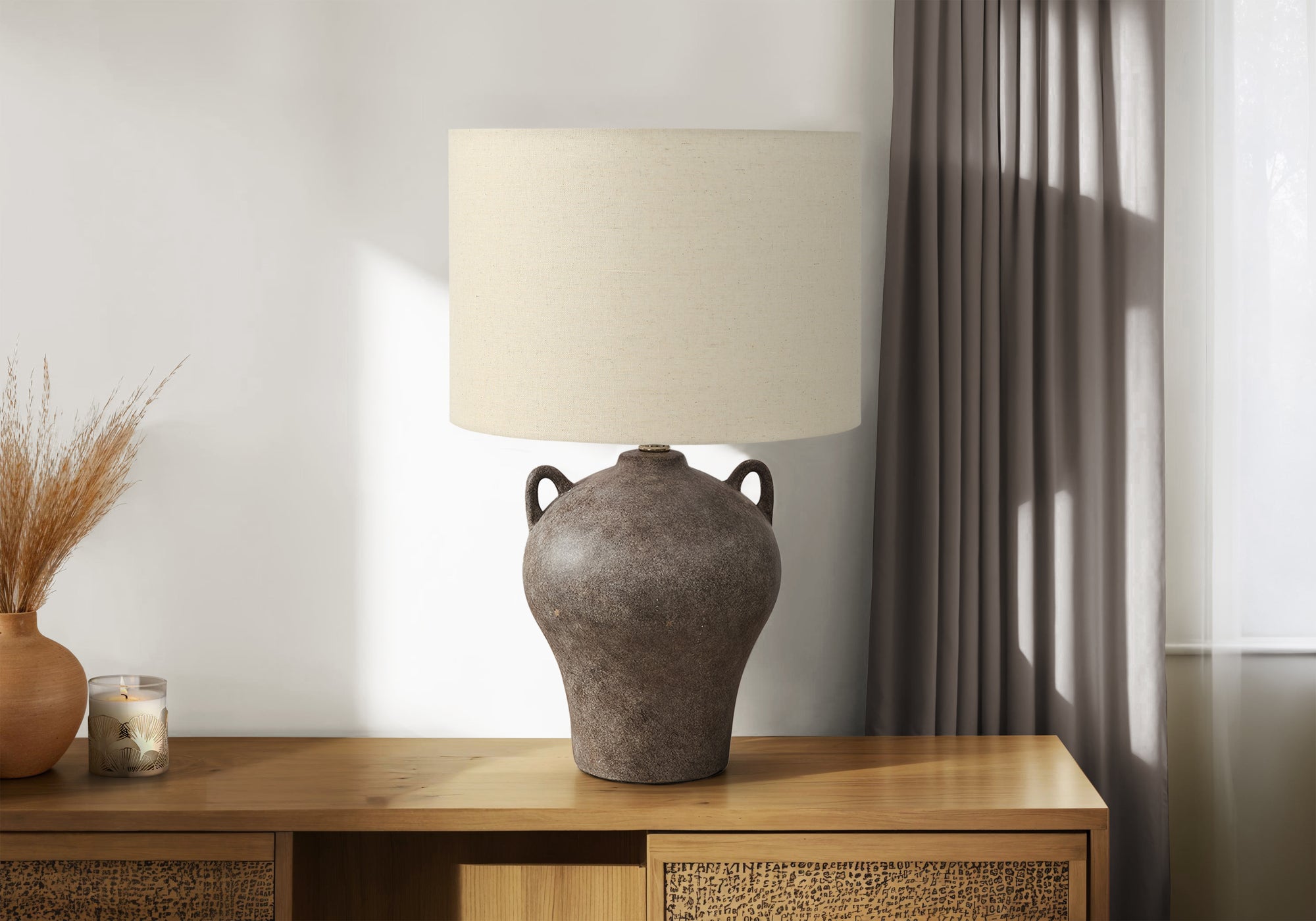 22"H Brown Ceramic Table Lamp with Beige Shade-Lighting-DECOROLALA