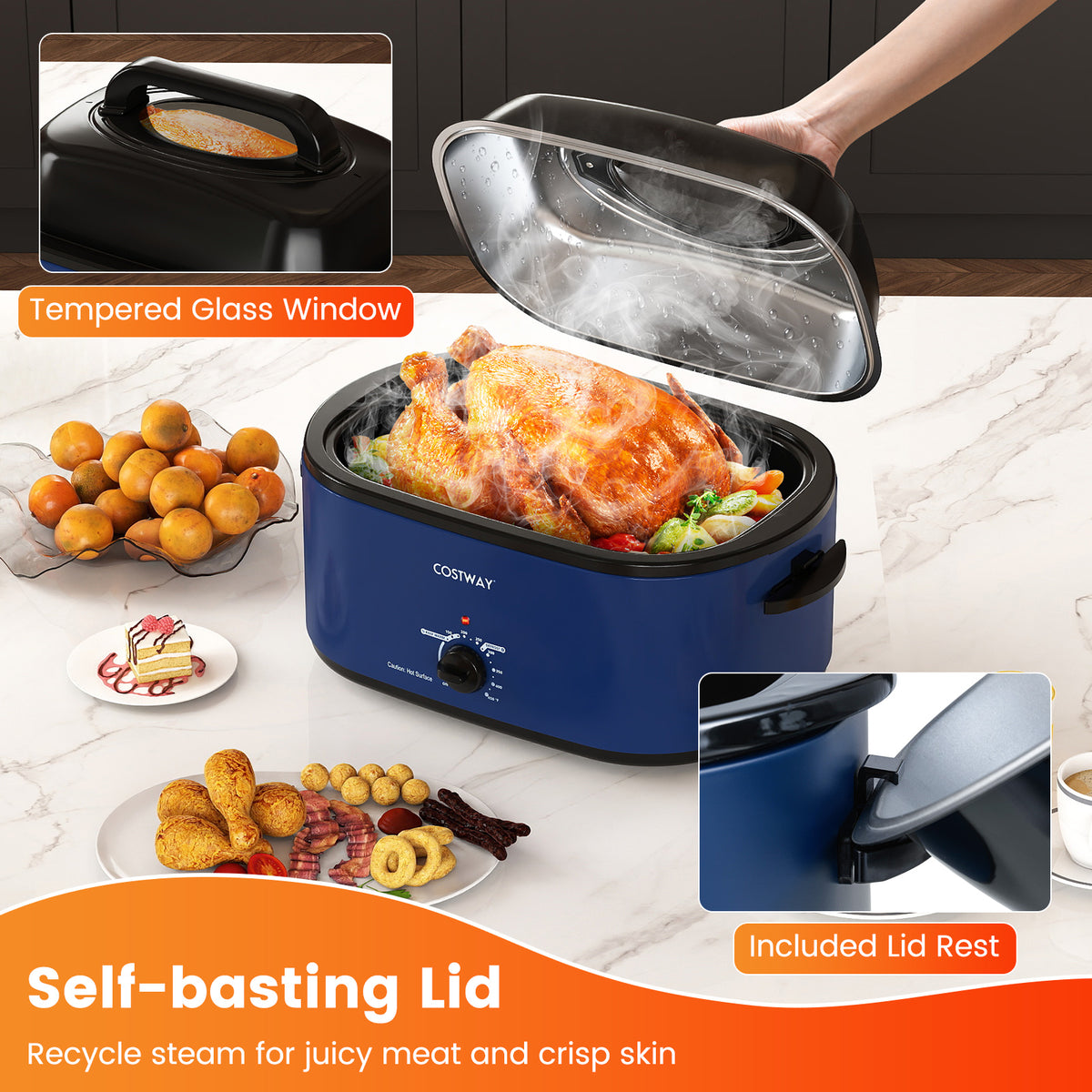 22QT Electric Roaster Oven Turkey Roaster with Visible and Self-Basting Lid-Navy-Cookware & Bakeware-DECOROLALA