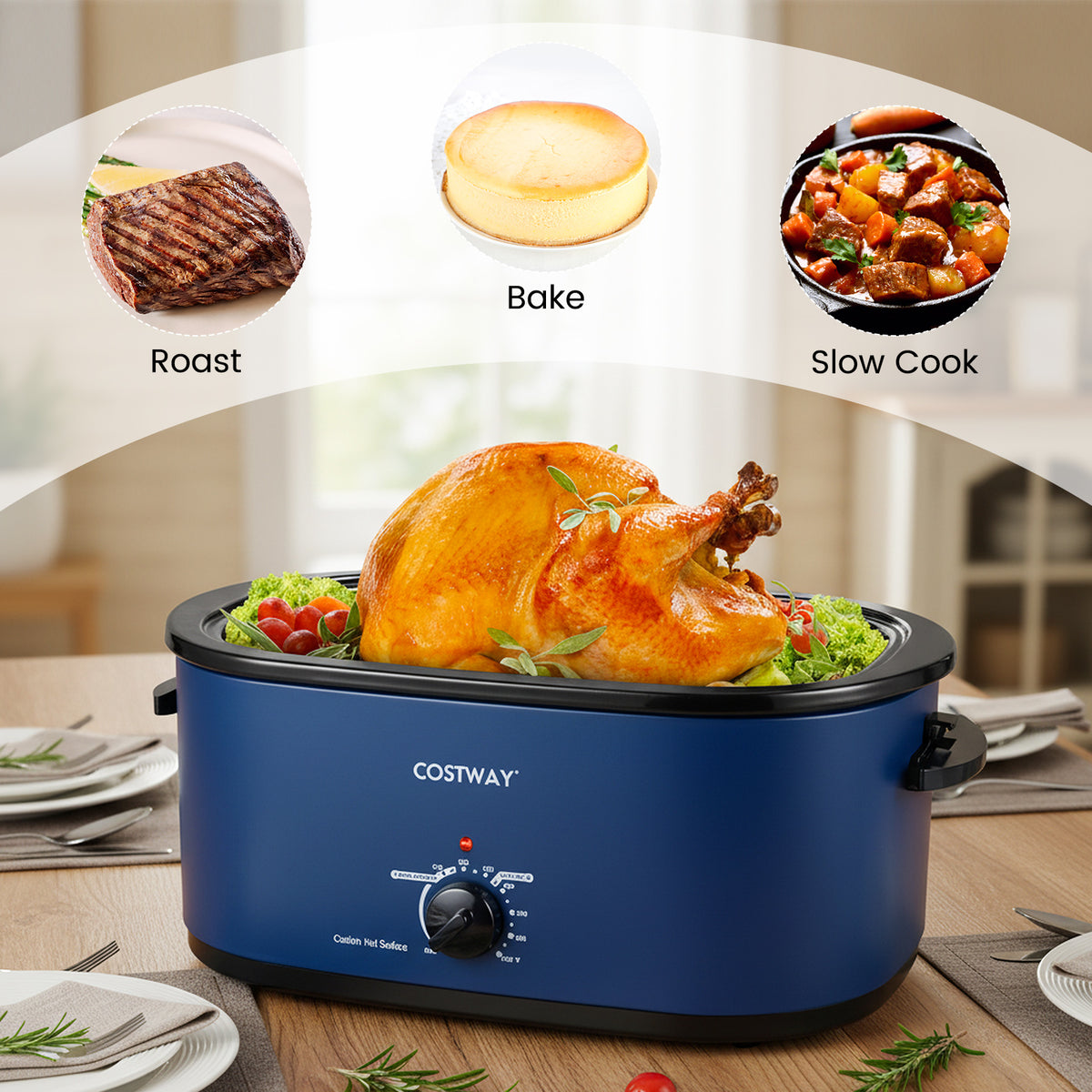 22QT Electric Roaster Oven Turkey Roaster with Visible and Self-Basting Lid-Navy-Cookware & Bakeware-DECOROLALA