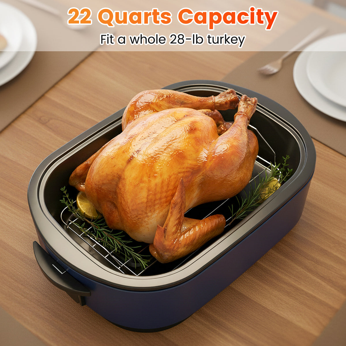 22QT Electric Roaster Oven Turkey Roaster with Visible and Self-Basting Lid-Navy-Cookware & Bakeware-DECOROLALA