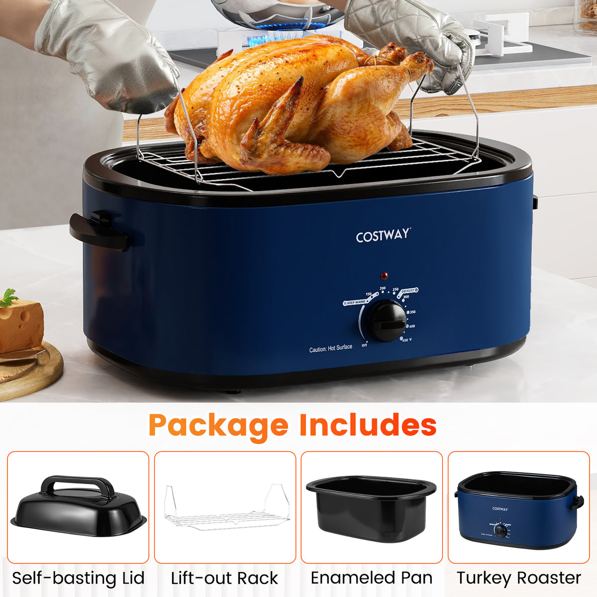 22QT Electric Roaster Oven Turkey Roaster with Visible and Self-Basting Lid-Navy-Cookware & Bakeware-DECOROLALA