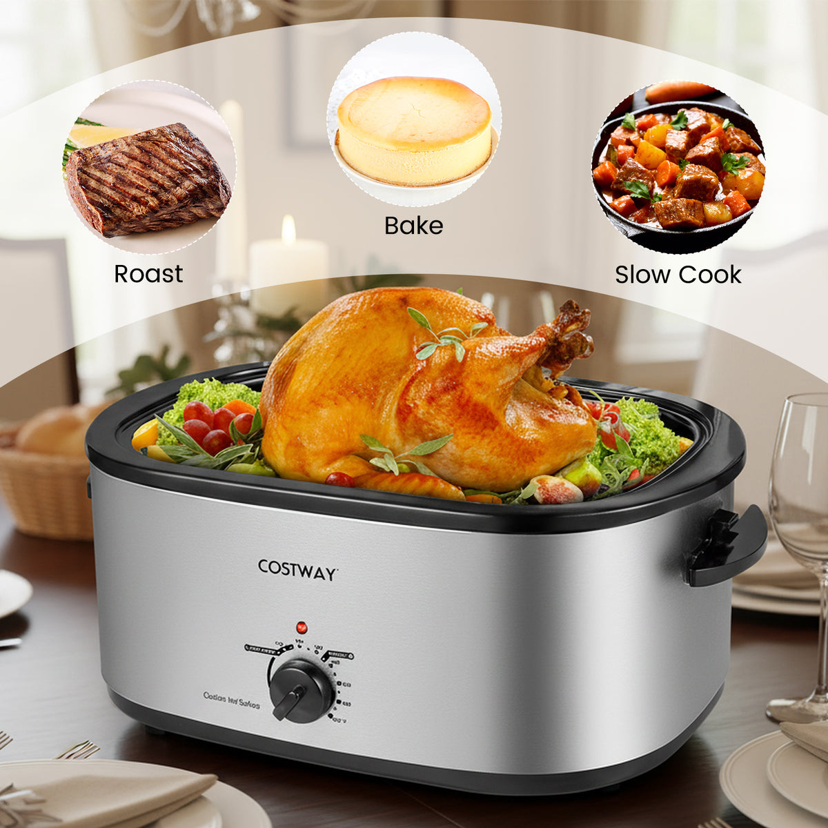 22QT Electric Roaster Oven Turkey Roaster with Visible and Self-Basting Lid-Silver-Cookware & Bakeware-DECOROLALA