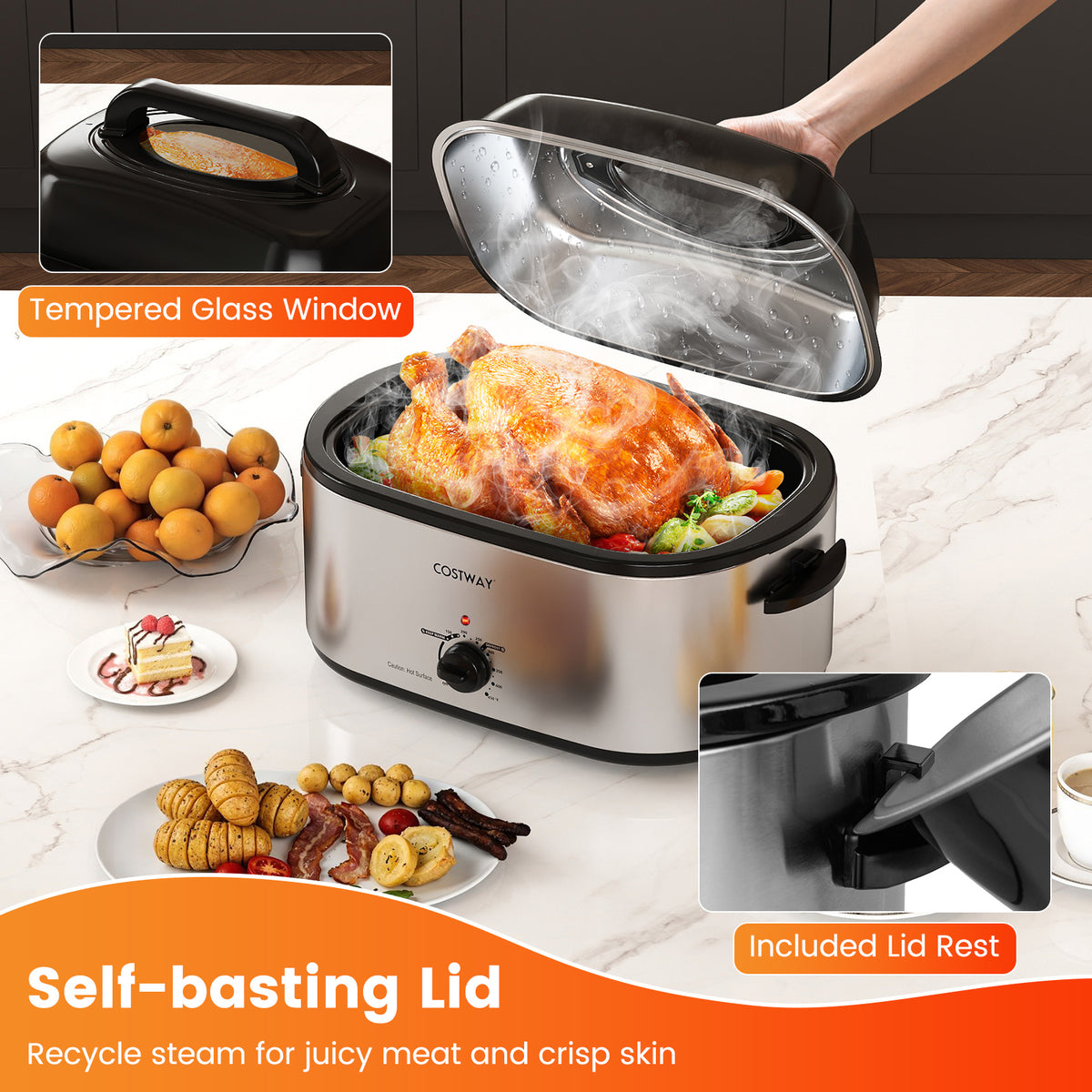 22QT Electric Roaster Oven Turkey Roaster with Visible and Self-Basting Lid-Silver-Cookware & Bakeware-DECOROLALA