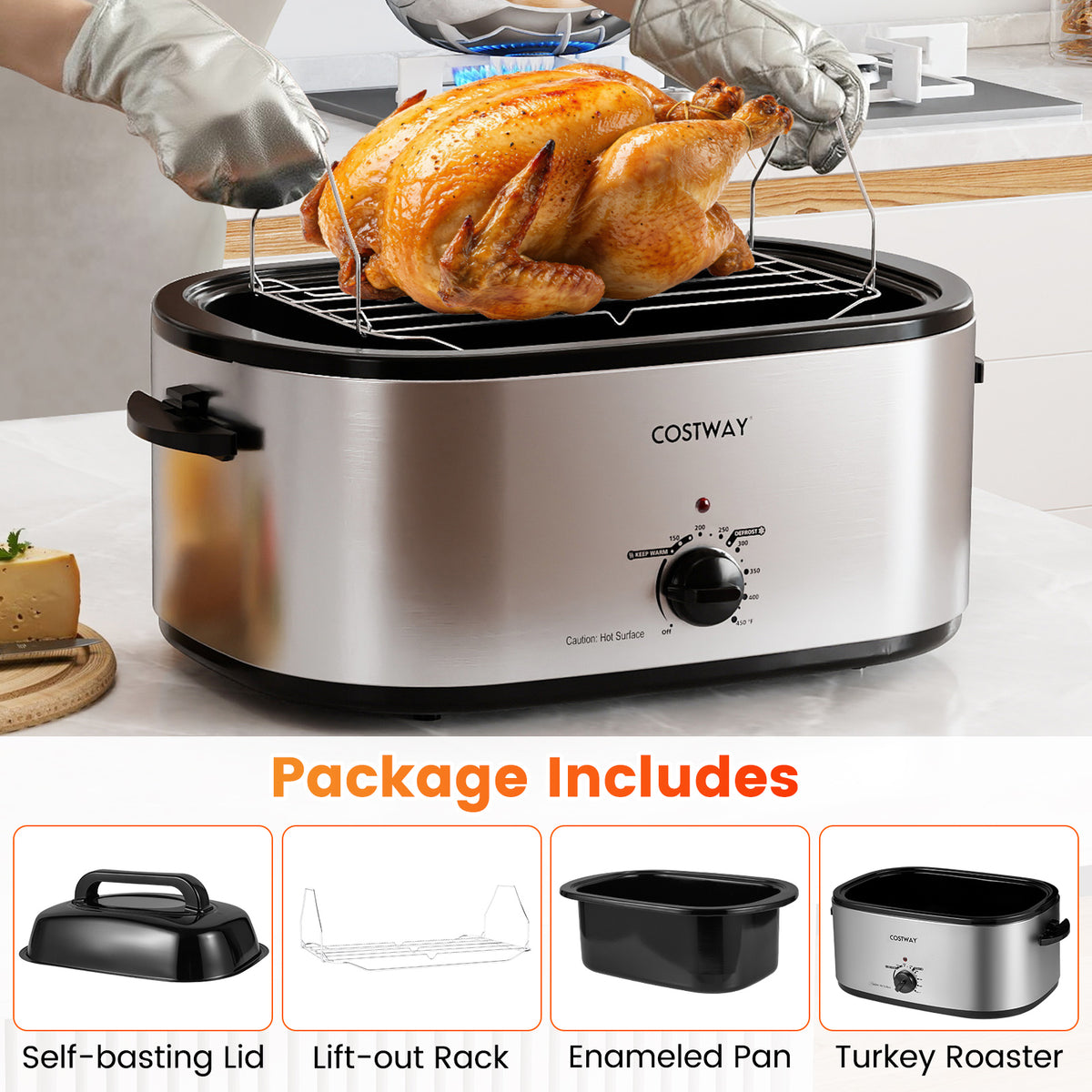 22QT Electric Roaster Oven Turkey Roaster with Visible and Self-Basting Lid-Silver-Cookware & Bakeware-DECOROLALA