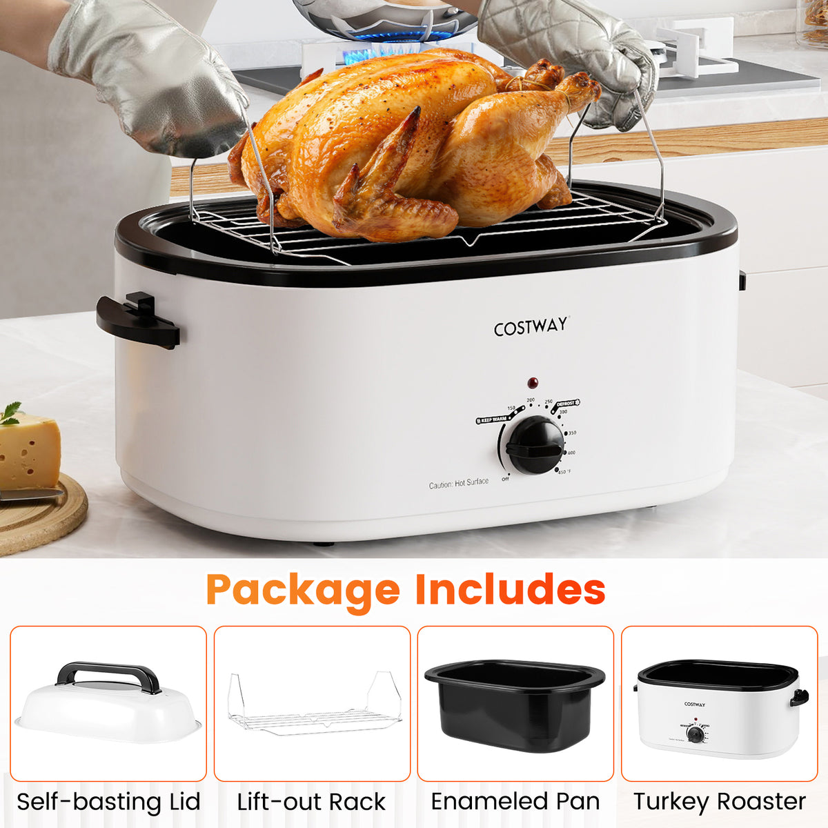 22QT Electric Roaster Oven Turkey Roaster with Visible and Self-Basting Lid-White-Cookware & Bakeware-DECOROLALA
