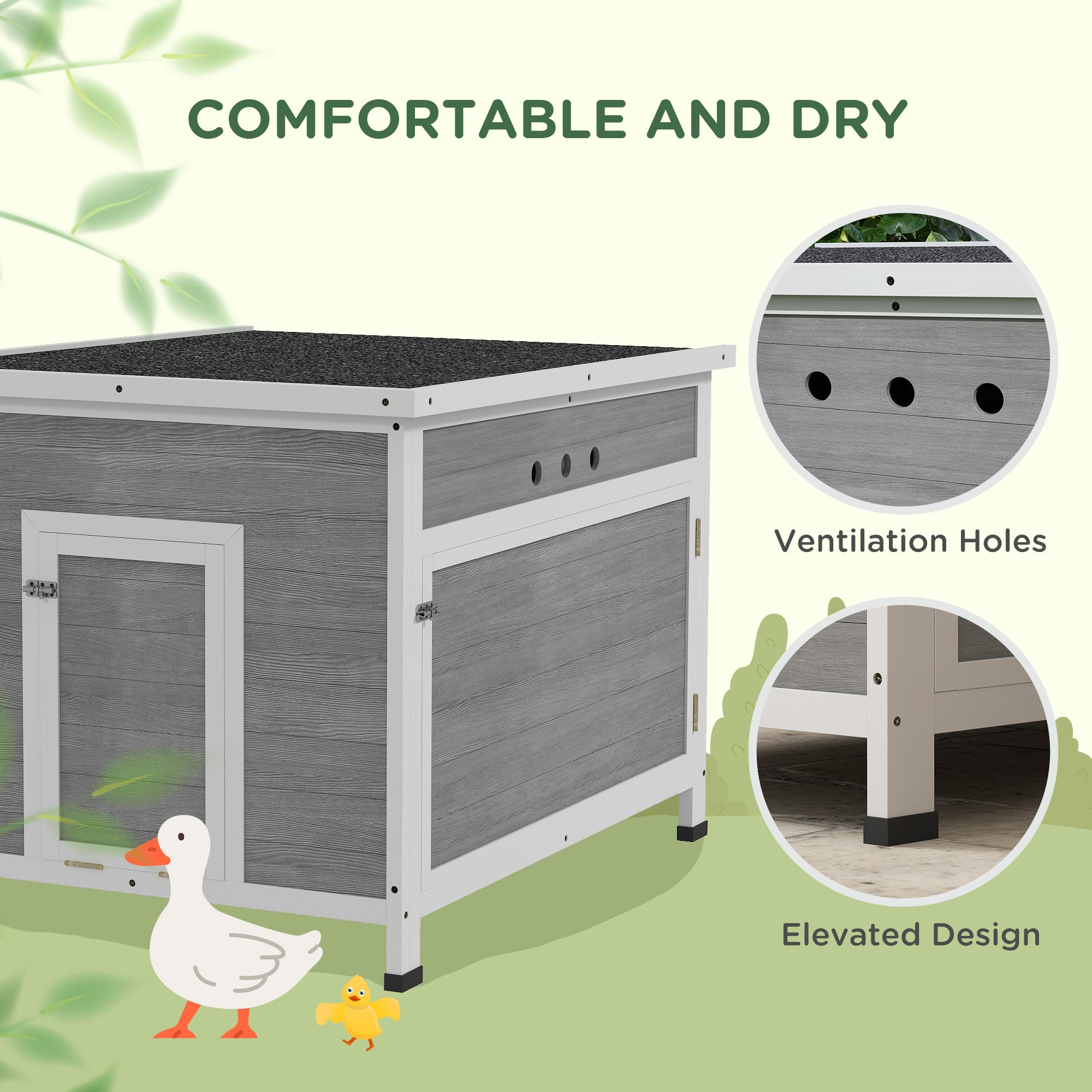 Duck Coop, Wooden Chicken House Rabbit Hutch with Openable Roof, Removable Floor, Double Doors, Ramp, Grey