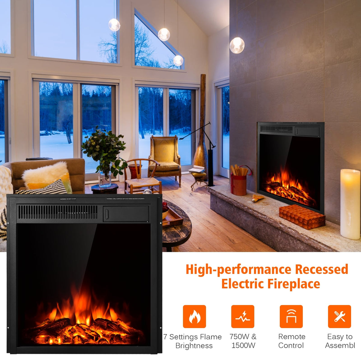 22.5 Inch Electric Fireplace Insert Freestanding and Recessed Heater-Fireplaces-DECOROLALA