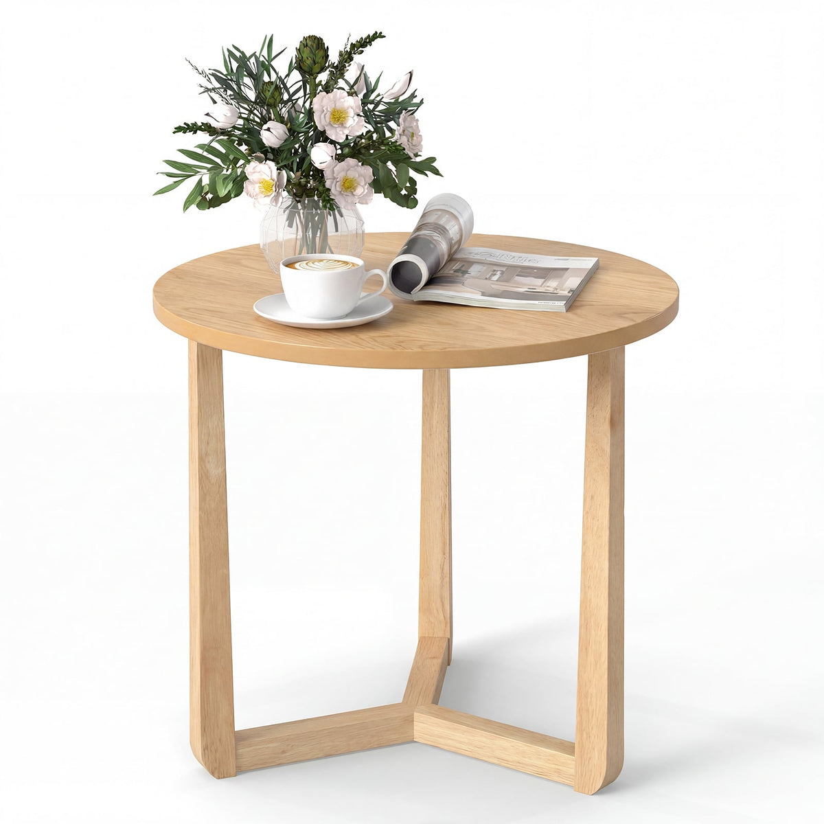 22.5 inch Round Side Table Farmhouse End Table with Sturdy Rubber Wood Legs and Triangular Structure-Natural-End & Side Tables-DECOROLALA