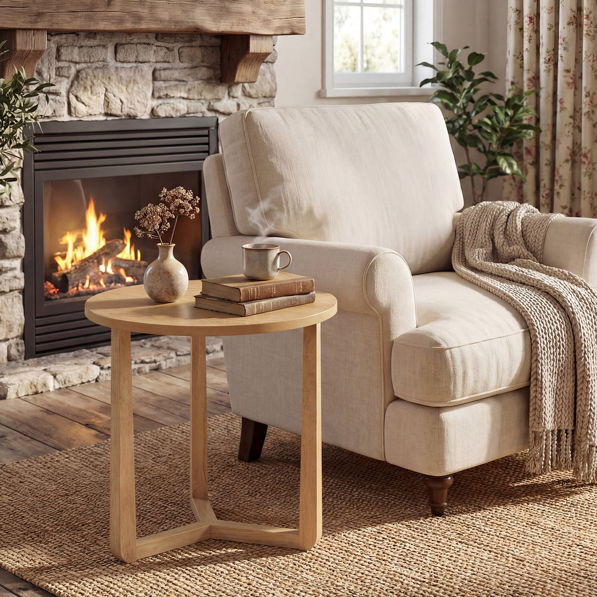 22.5 inch Round Side Table Farmhouse End Table with Sturdy Rubber Wood Legs and Triangular Structure-Natural-End & Side Tables-DECOROLALA