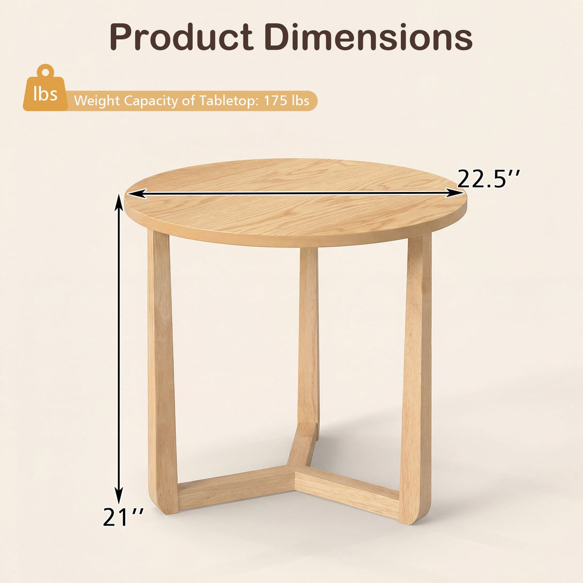 22.5 inch Round Side Table Farmhouse End Table with Sturdy Rubber Wood Legs and Triangular Structure-Natural-End & Side Tables-DECOROLALA