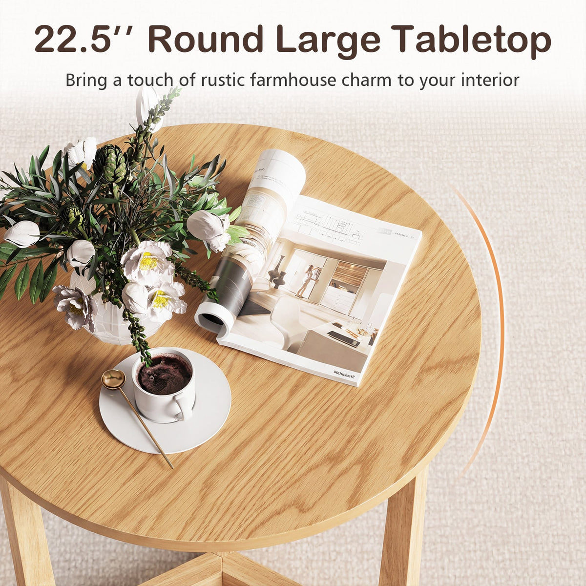 22.5 inch Round Side Table Farmhouse End Table with Sturdy Rubber Wood Legs and Triangular Structure-Natural-End & Side Tables-DECOROLALA