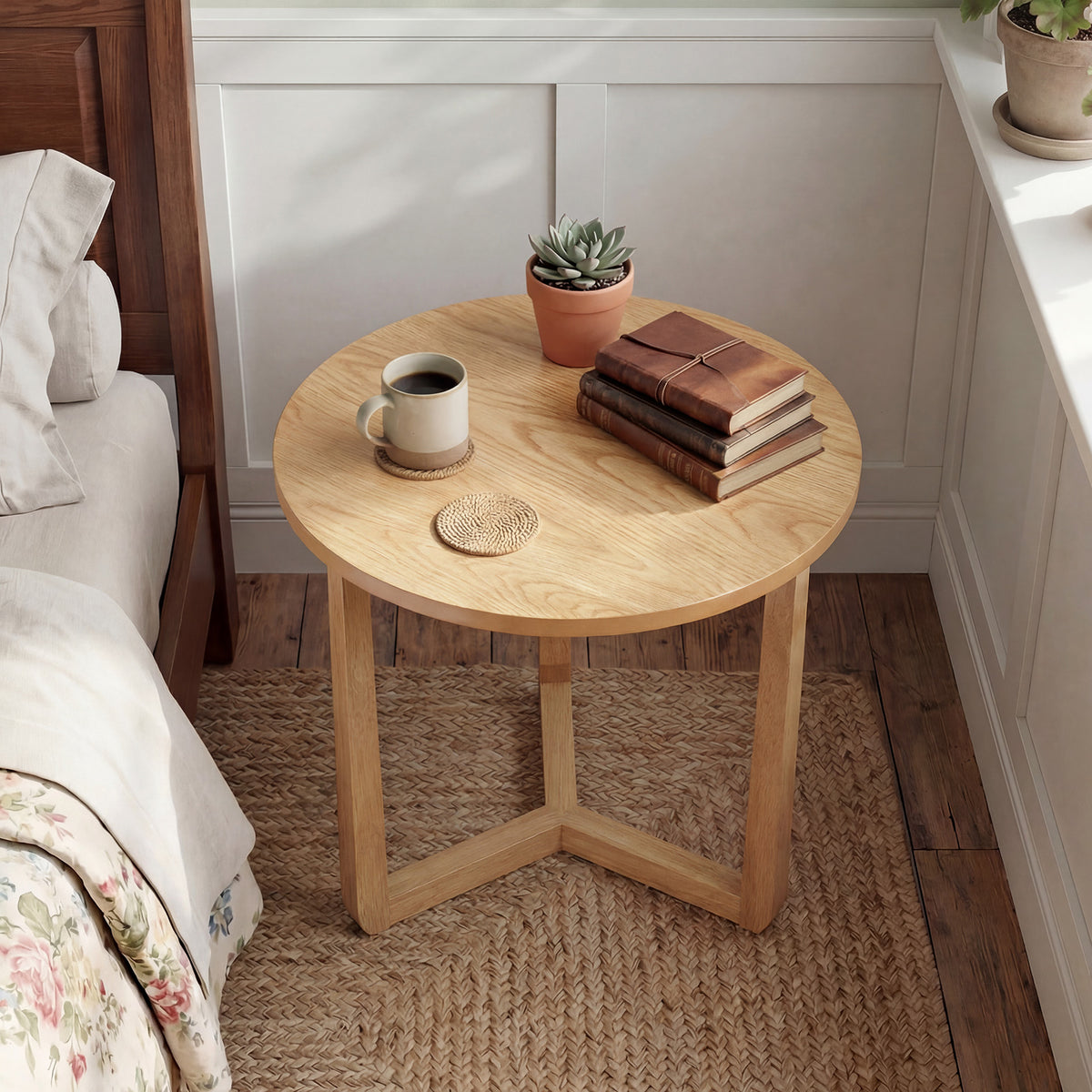22.5 inch Round Side Table Farmhouse End Table with Sturdy Rubber Wood Legs and Triangular Structure-Natural-End & Side Tables-DECOROLALA