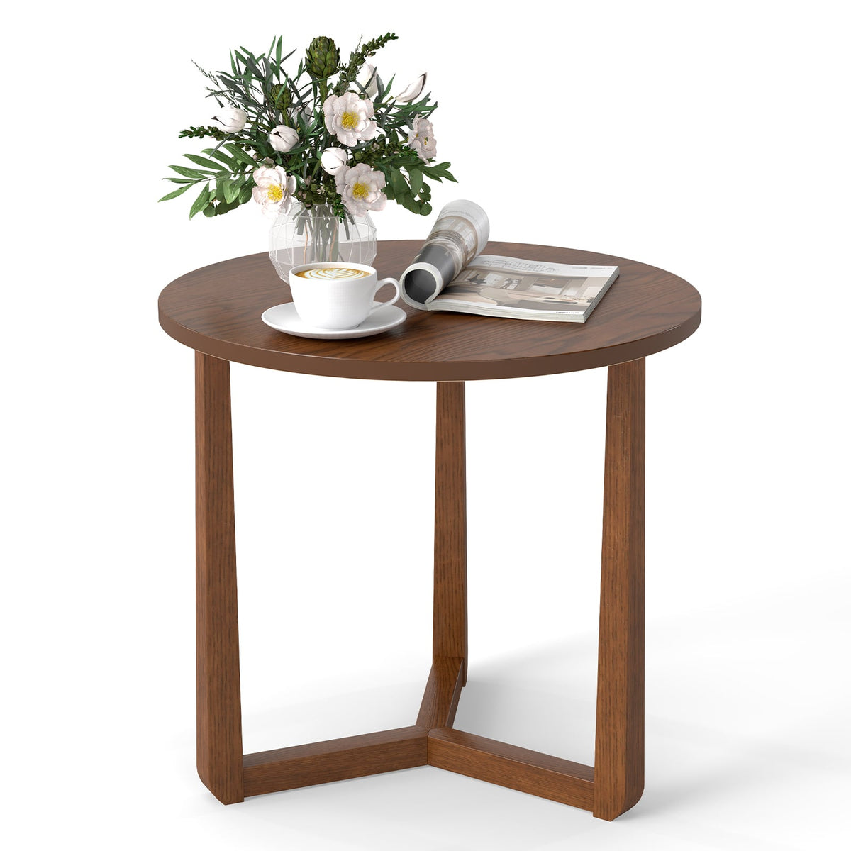 22.5 inch Round Side Table Farmhouse End Table with Sturdy Rubber Wood Legs and Triangular Structure-Walnut-End & Side Tables-DECOROLALA