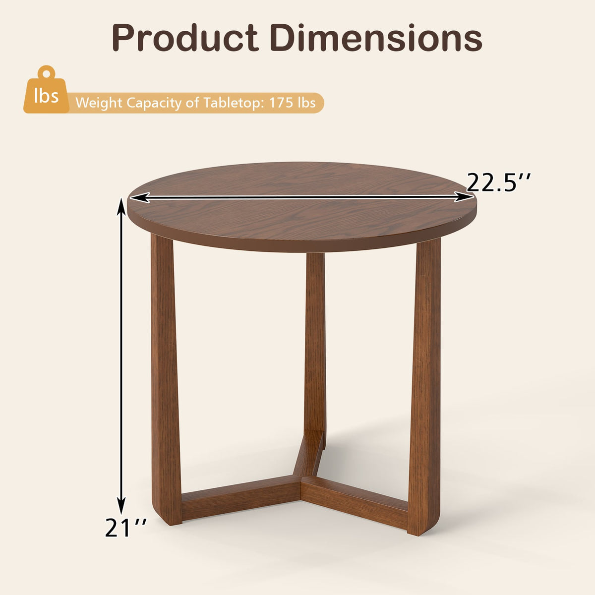 22.5 inch Round Side Table Farmhouse End Table with Sturdy Rubber Wood Legs and Triangular Structure-Walnut-End & Side Tables-DECOROLALA