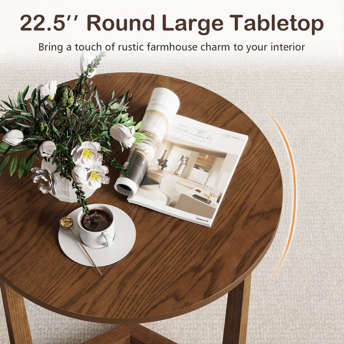 22.5 inch Round Side Table Farmhouse End Table with Sturdy Rubber Wood Legs and Triangular Structure-Walnut-End & Side Tables-DECOROLALA