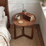 22.5 inch Round Side Table Farmhouse End Table with Sturdy Rubber Wood Legs and Triangular Structure-Walnut-End & Side Tables-DECOROLALA