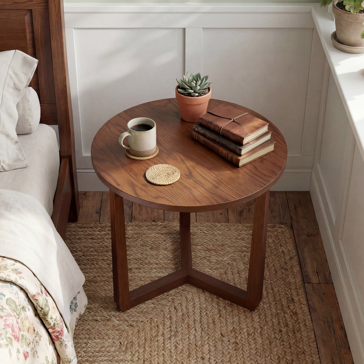 22.5 inch Round Side Table Farmhouse End Table with Sturdy Rubber Wood Legs and Triangular Structure-Walnut-End & Side Tables-DECOROLALA