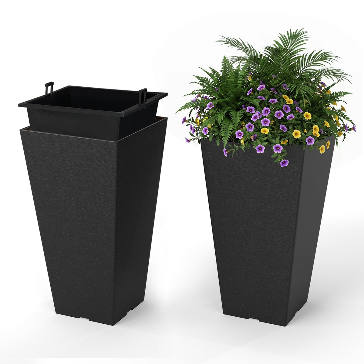 22.5 inch Tall Square Planter Set of 2 Self-Watering Flower Pots with Removable Inner Bucket-Black-Raised Garden Beds-DECOROLALA