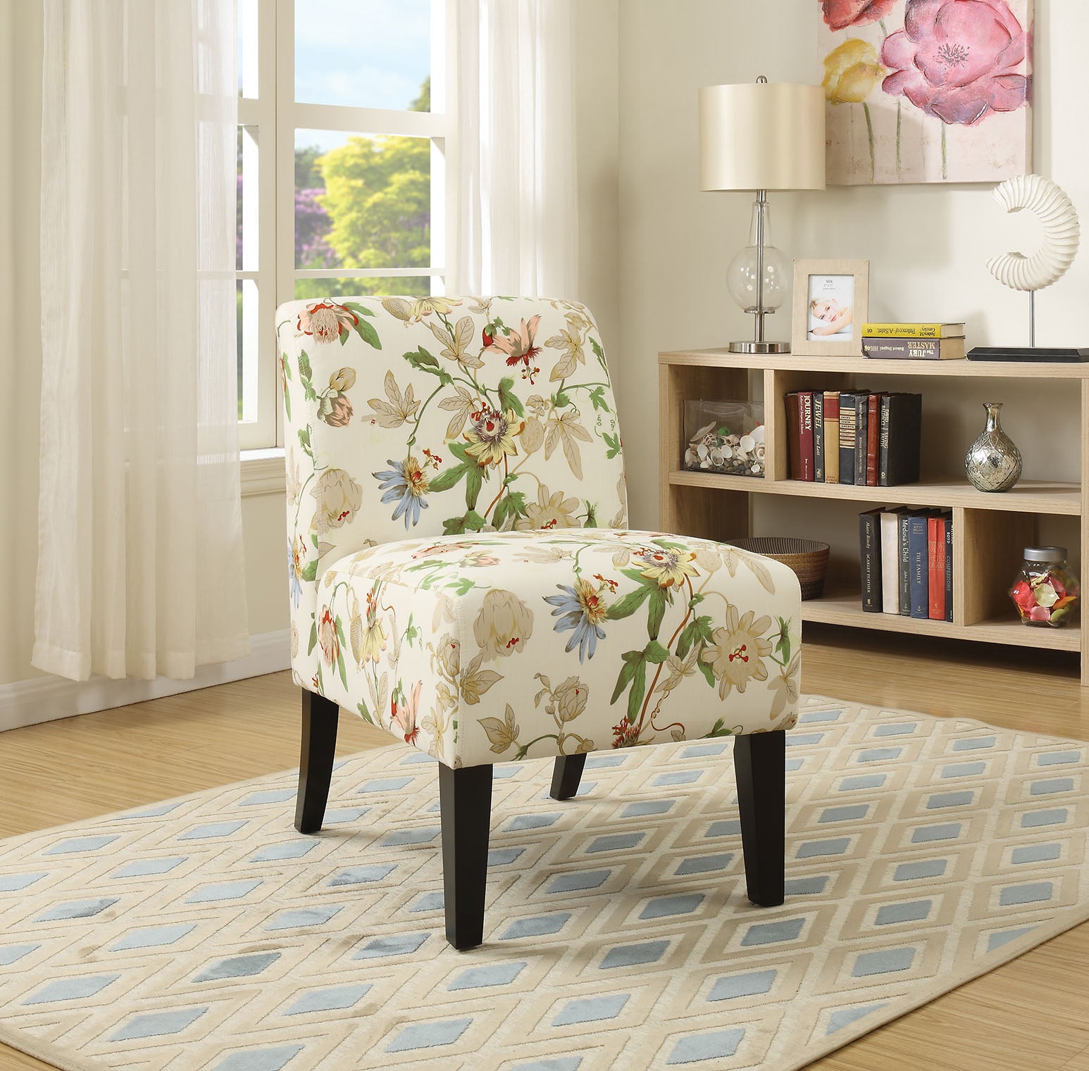 23" Beige and Brown Fabric Floral Side Chair-Accent Chairs-DECOROLALA