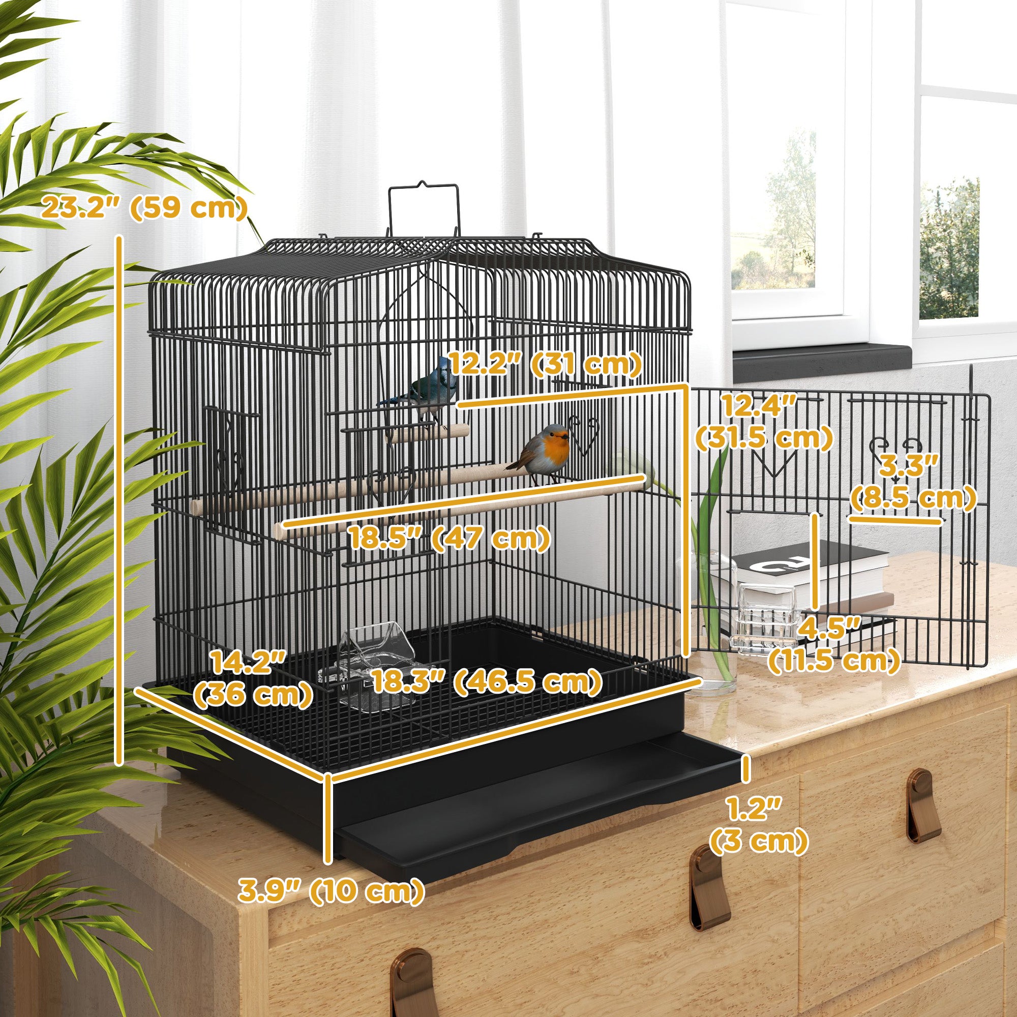23" Bird Cage, Finches Canaries, Parrot Cage with Doors Perches, 2 Feeder Pet Supplies, Black-Birds-DECOROLALA