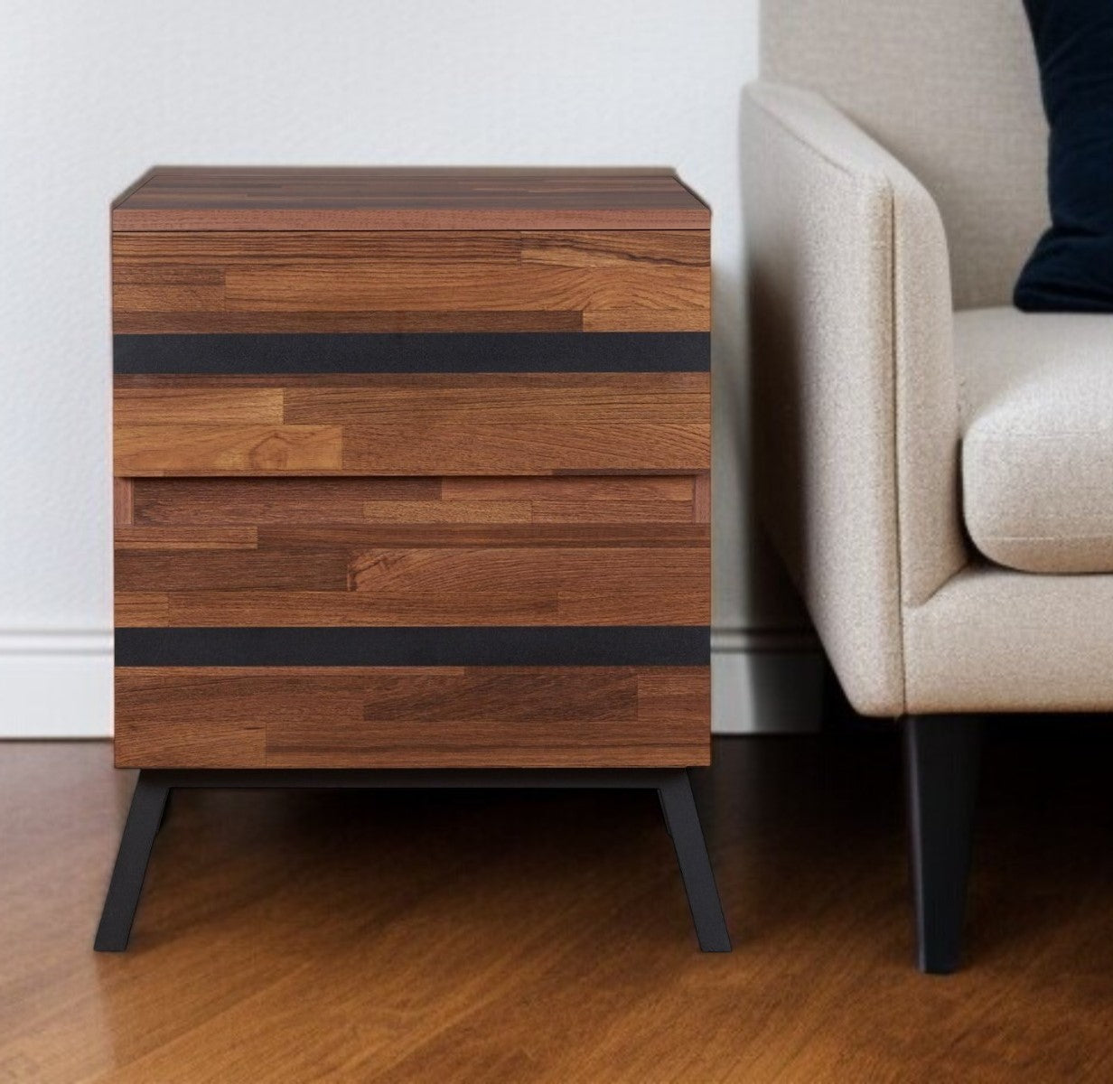 23" Black And Brown Wood And Iron End Table With Two Drawers-End-Side Tables-DECOROLALA