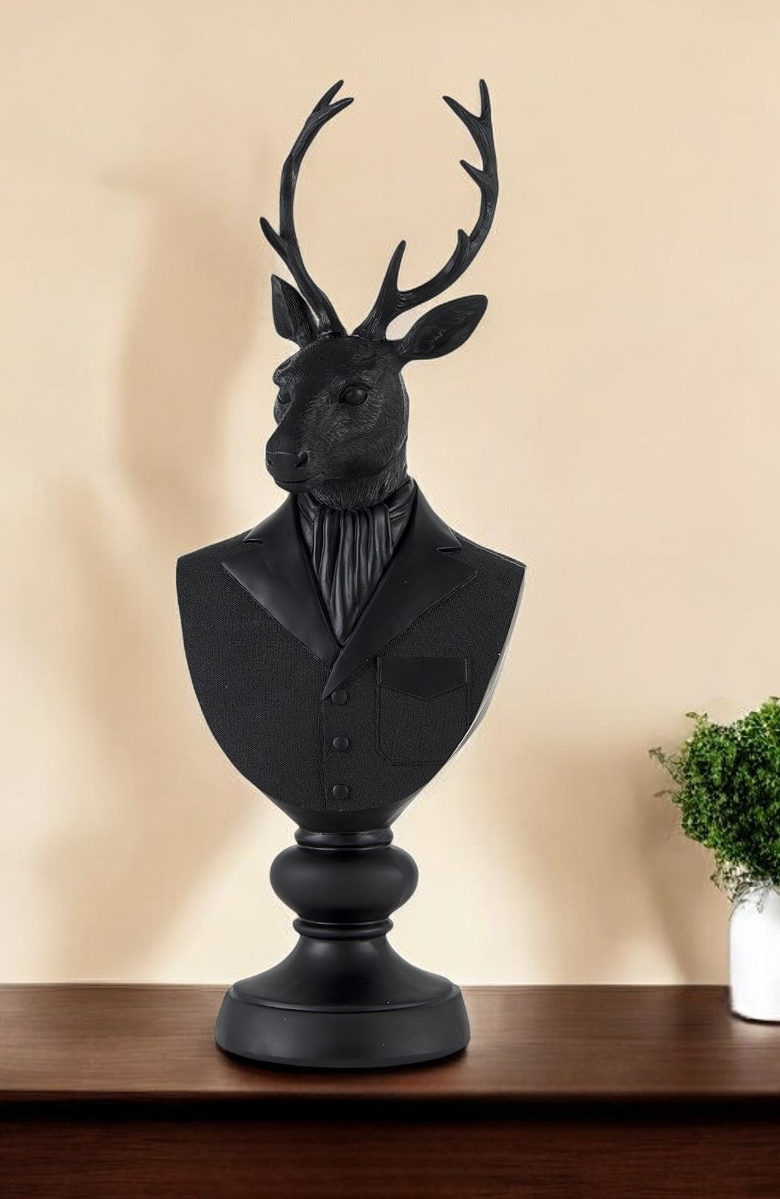 23" Black Polyresin Suited Deer Bust Tabletop Sculpture-Sculptures-DECOROLALA