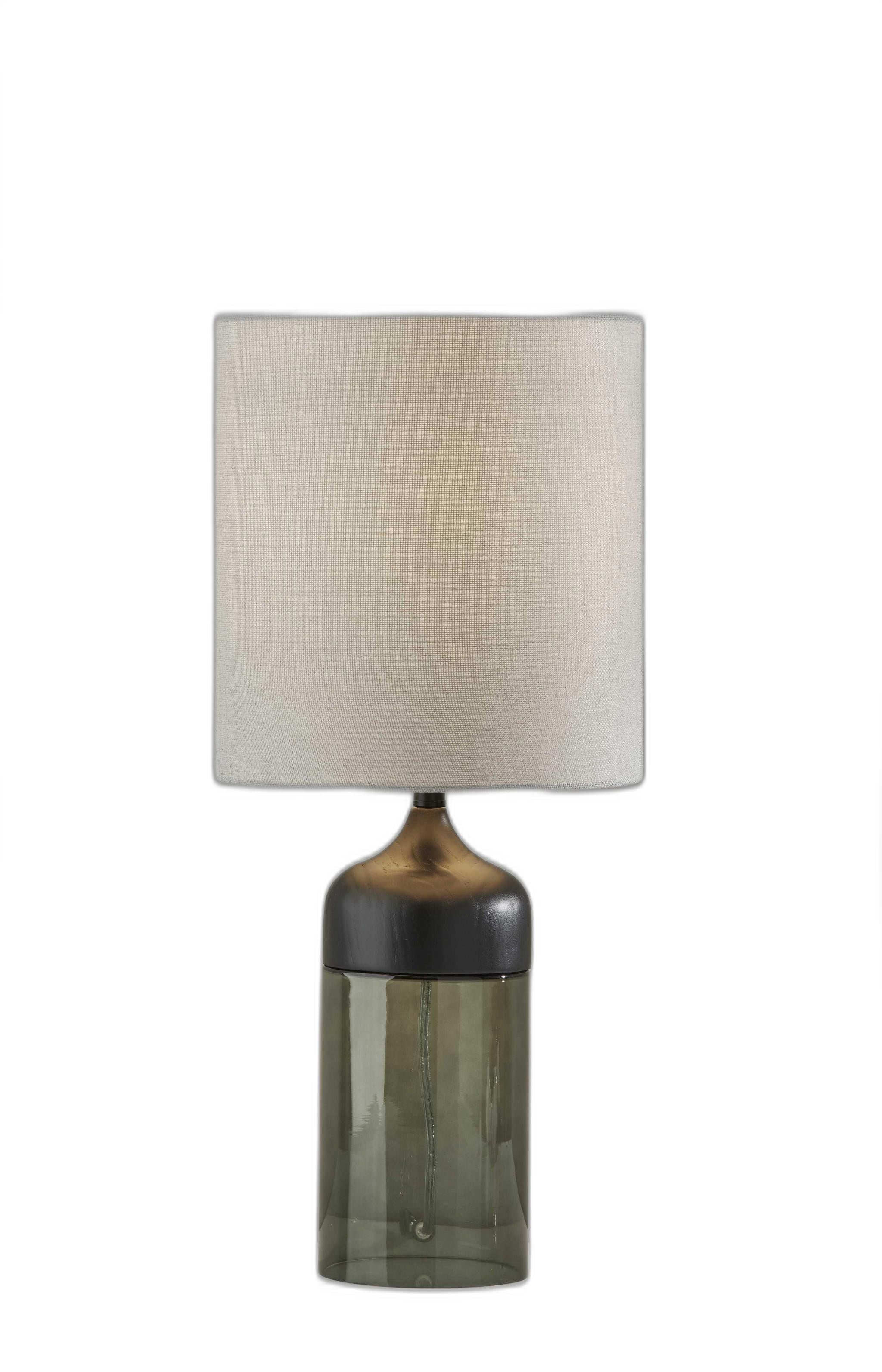 23" Black Wood And Smoked Glass Bedside Lamp With Gray Drum Shade-Table Lamps-DECOROLALA